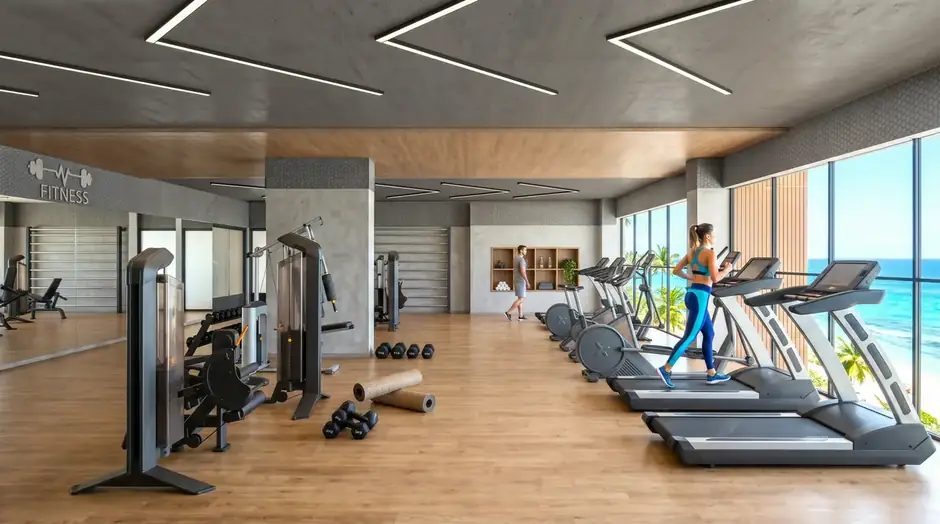 Academia no mezanino do Algarve Residence com esteiras voltadas para o mar