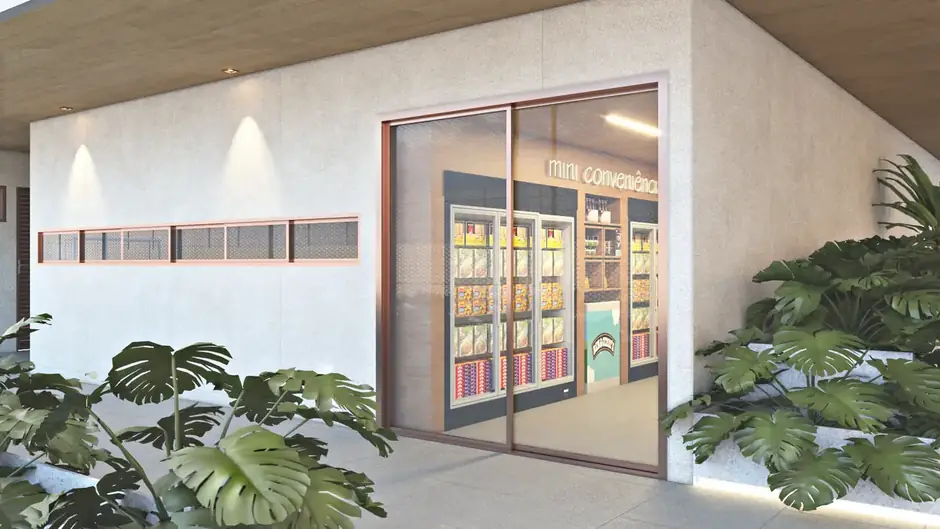Mini conveniência do condomínio com vitrine iluminada