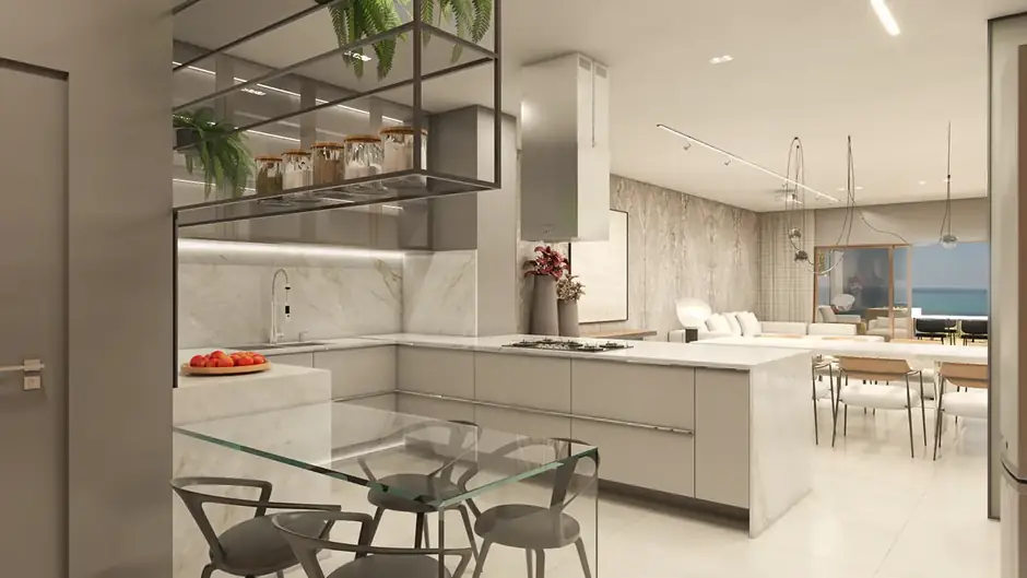 Cozinha integrada com ilha e bancada de mármore