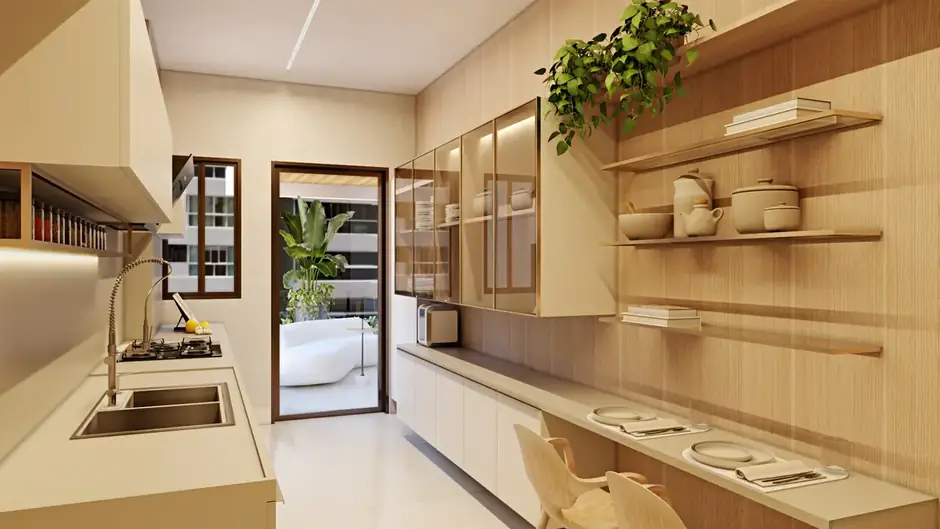 Cozinha do apartamento lateral com bancada em L e prateleiras de madeira