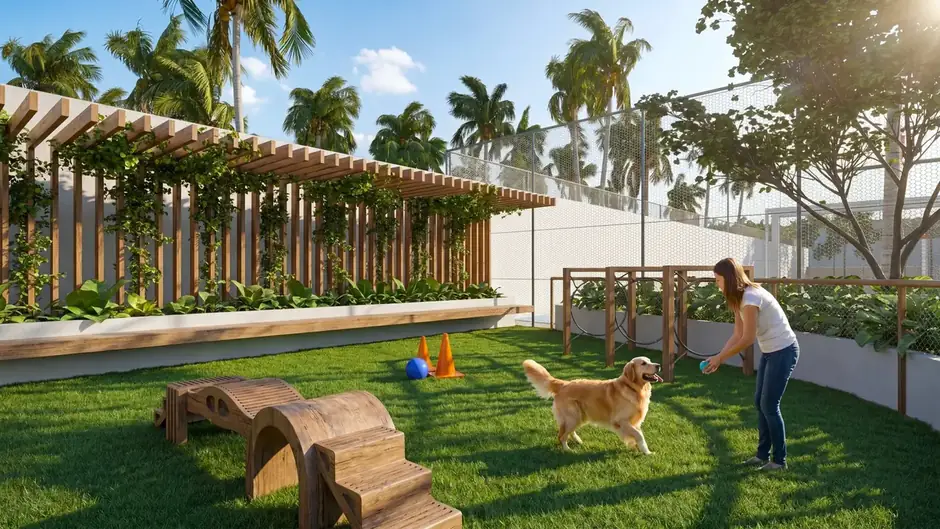 Espaço pet com grama, brinquedos e pergolado