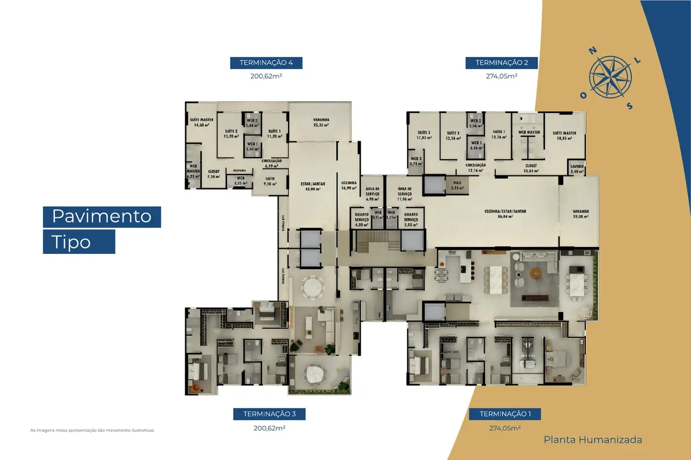 Planta do pavimento tipo do Algarve Residence, com as quatro terminações por andar
