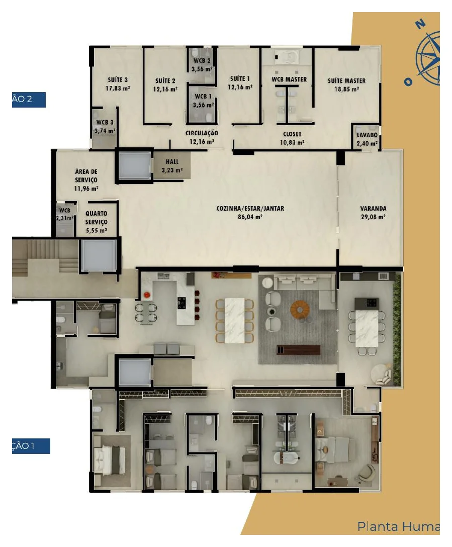 Planta frontal 274,05 m² — opção integrada