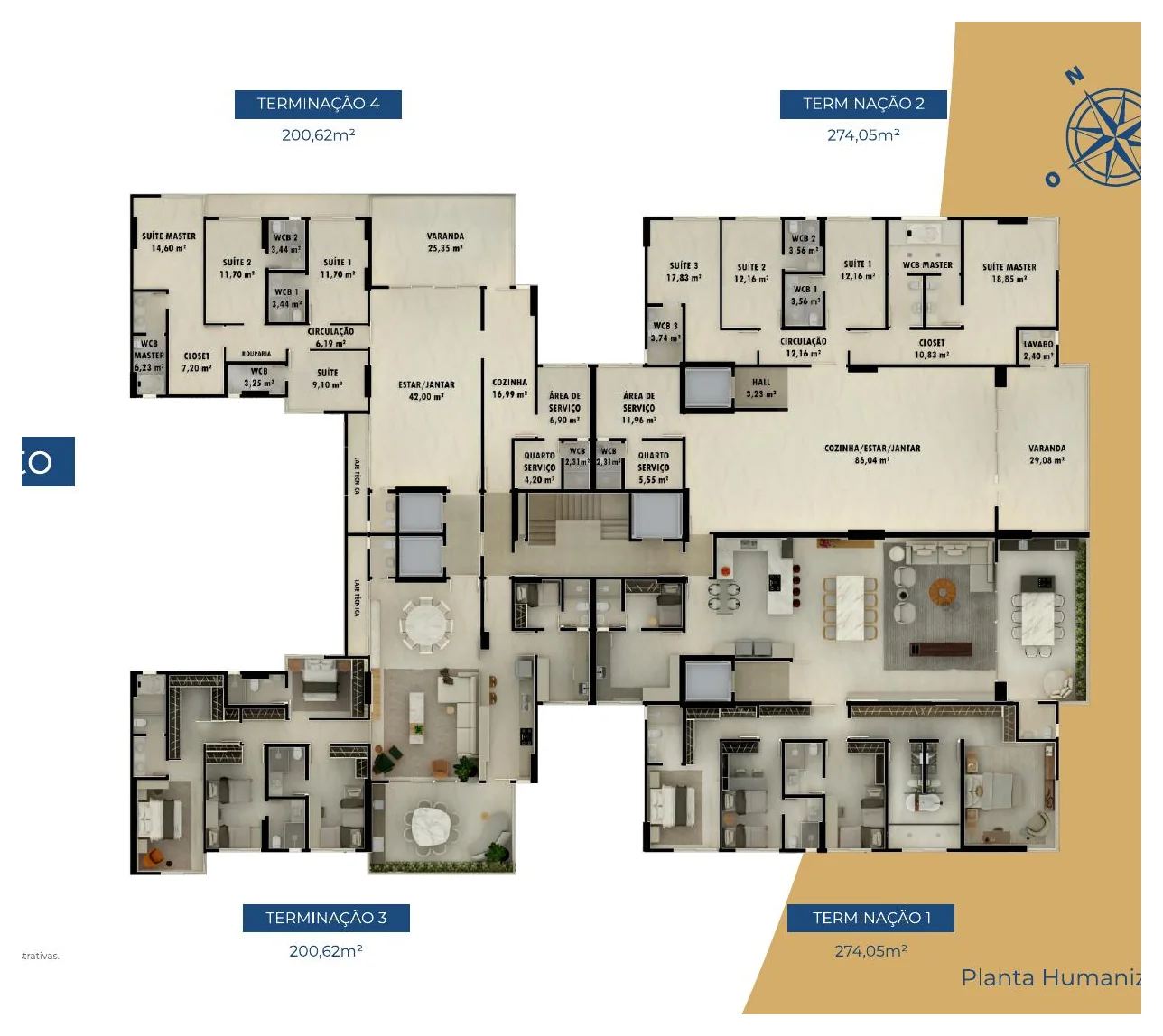 Pavimento tipo — 4 apartamentos por andar