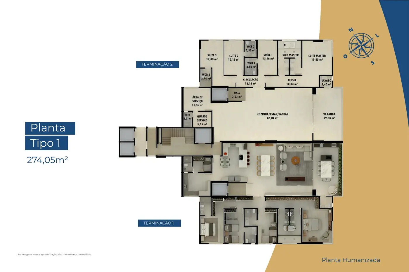 Planta humanizada Tipo 1 de 274,05 m² do Algarve Residence, terminações 1 e 2