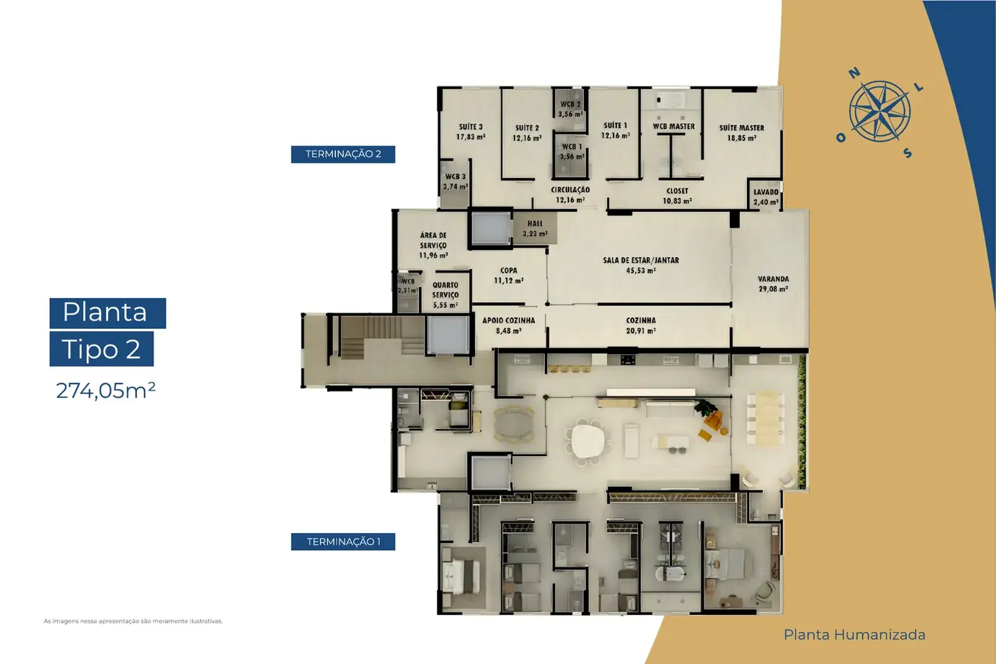 Planta humanizada Tipo 2 de 274,05 m² do Algarve Residence, com cozinha, copa e apoio separados