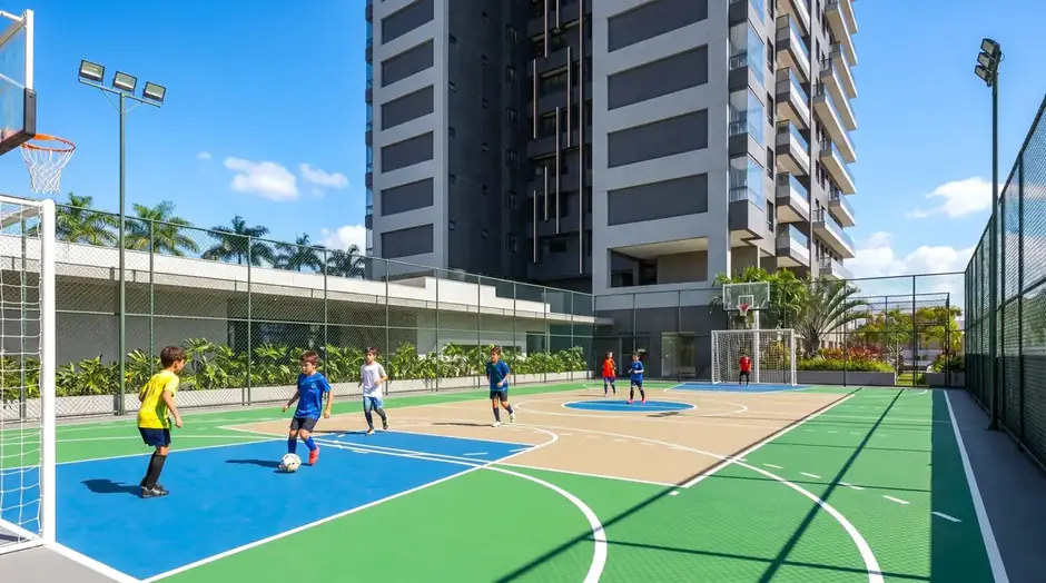 Quadra poliesportiva do Algarve Residence com marcação para futsal, basquete e vôlei