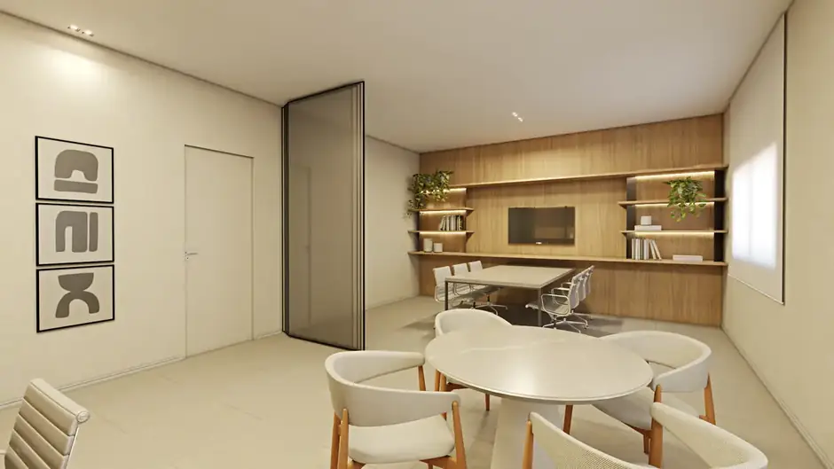 Sala de estudos e coworking com bancada, cadeiras e estantes