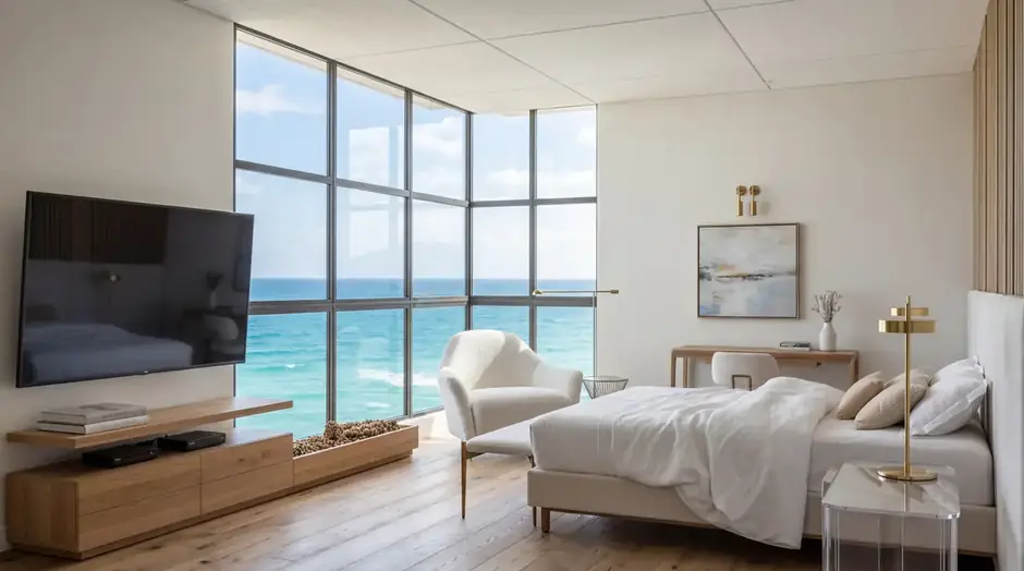 Suíte master com painel de madeira, cama e vista para o mar